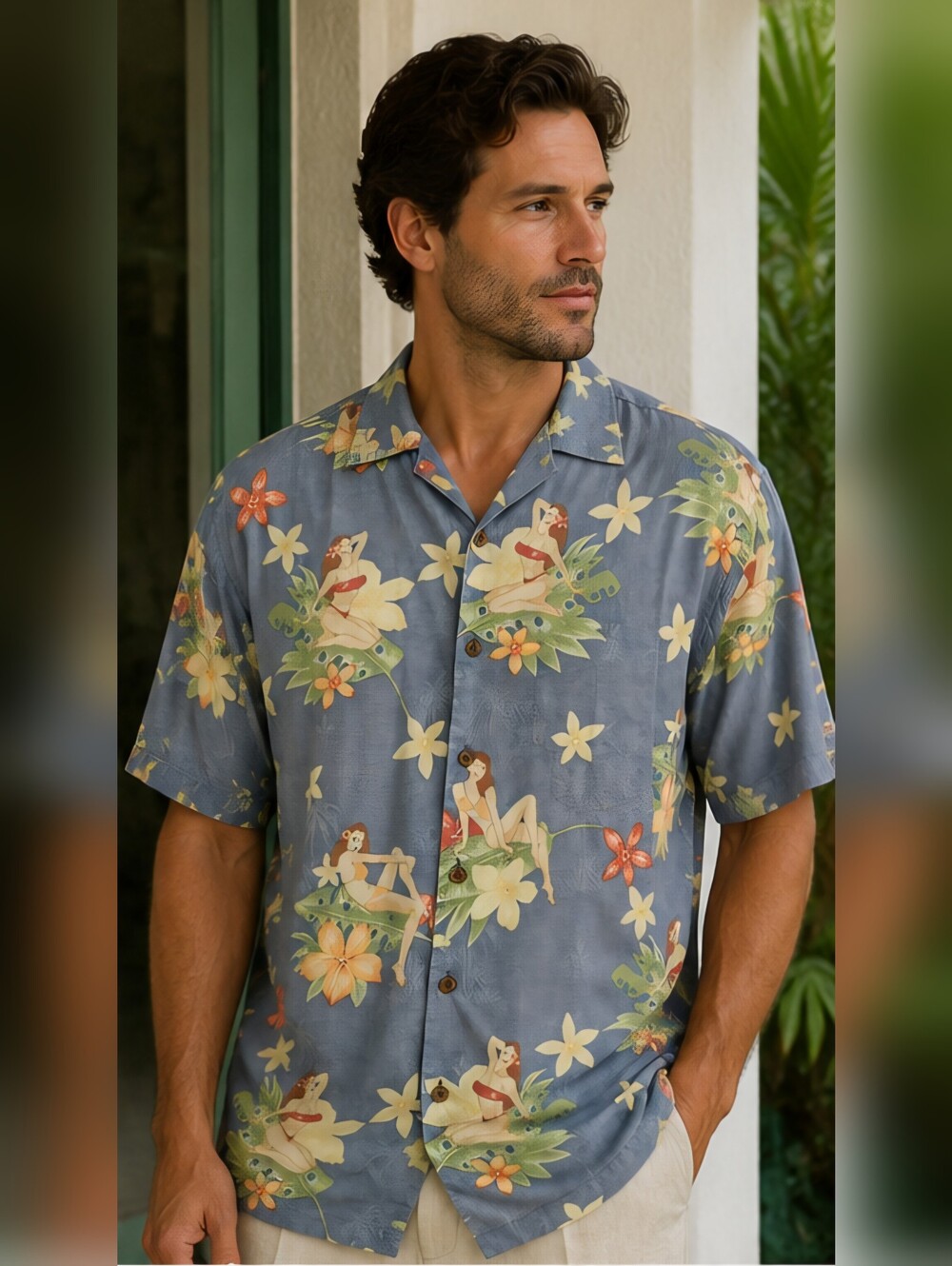 Tommy Bahama 100% Silk Hula Girl Hawaiian Camp Shirt Large Blue...